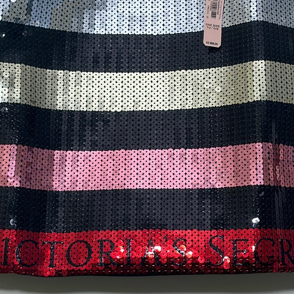 Nwt VICTORIA'S SECRET STRIPED SEQUIN BLACK PINK RED LOGO TOTE - Picture 5 of 13